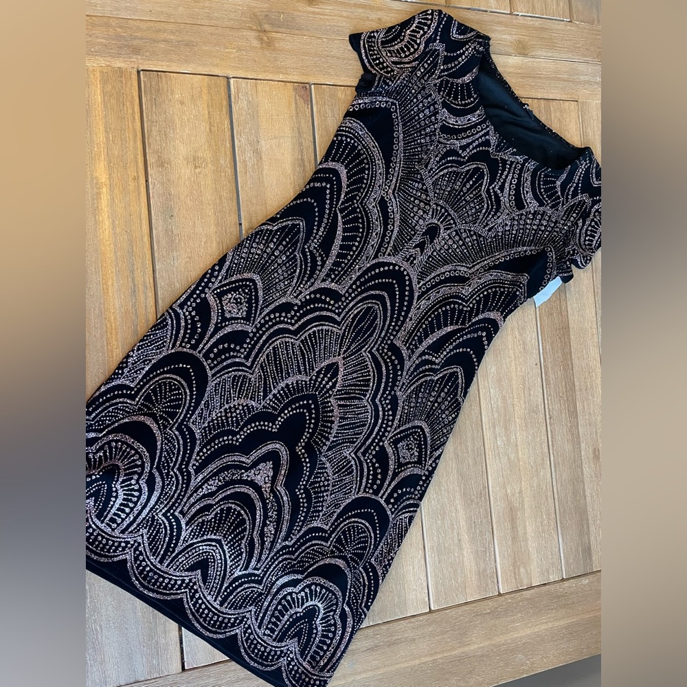 Jump Apparel Black Rose Gold Glitter Holiday Cocktail Party Dress Stretch Size S